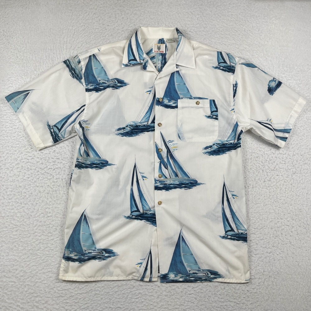 Brian Brothers Hawaiian Shirt Mens XL White Blue‎ Nautical Sailboat Vacation
